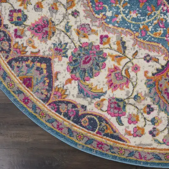 4' Ivory And Blue Medallion Round Rug Photo 8