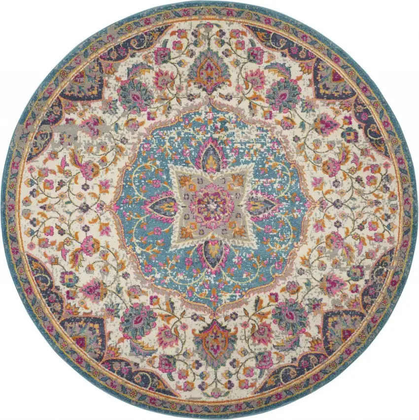4' Ivory And Blue Medallion Round Rug Photo 6