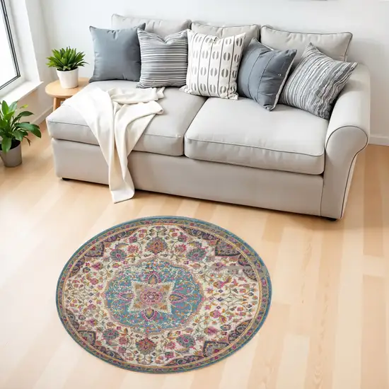 4' Ivory And Blue Medallion Round Rug Photo 2