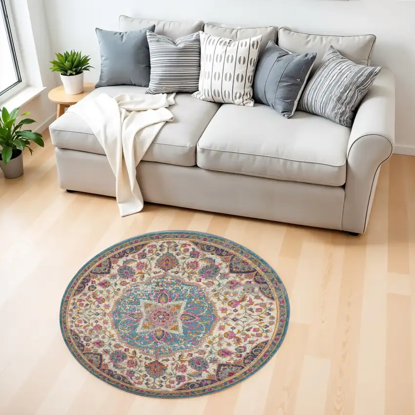 4' Ivory And Blue Medallion Round Rug Photo 2