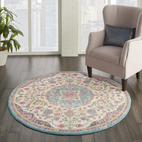 4' Ivory And Blue Medallion Round Rug Photo 5