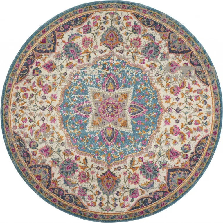 Pink and Blue Floral Medallion Area Rug Photo 2