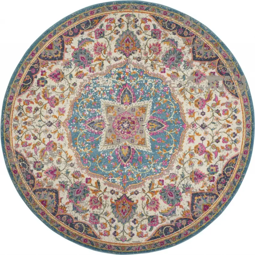 Pink and Blue Floral Medallion Area Rug Photo 8