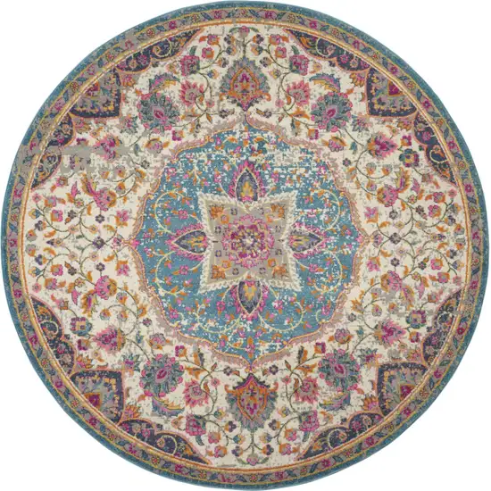 4' Ivory And Blue Medallion Round Rug Photo 4