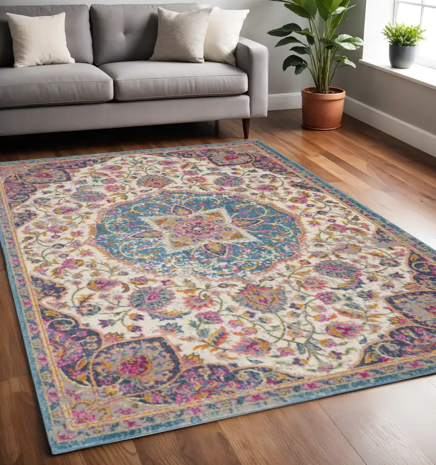 Ivory And Blue Medallion Area Rug Photo 1