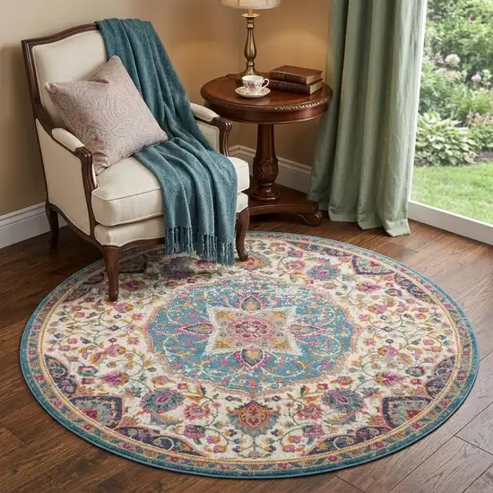 5' Ivory And Blue Medallion Round Rug Photo 1