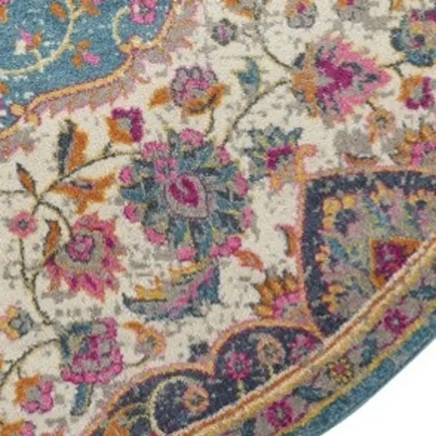 5' Ivory And Blue Medallion Round Rug Photo 2