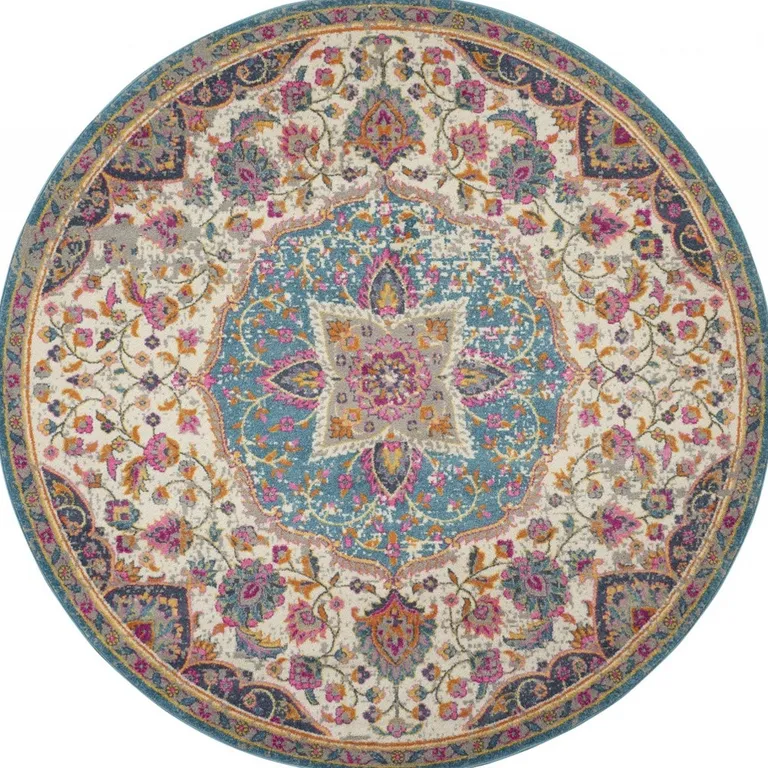 Pink and Blue Floral Medallion Area Rug Photo 2