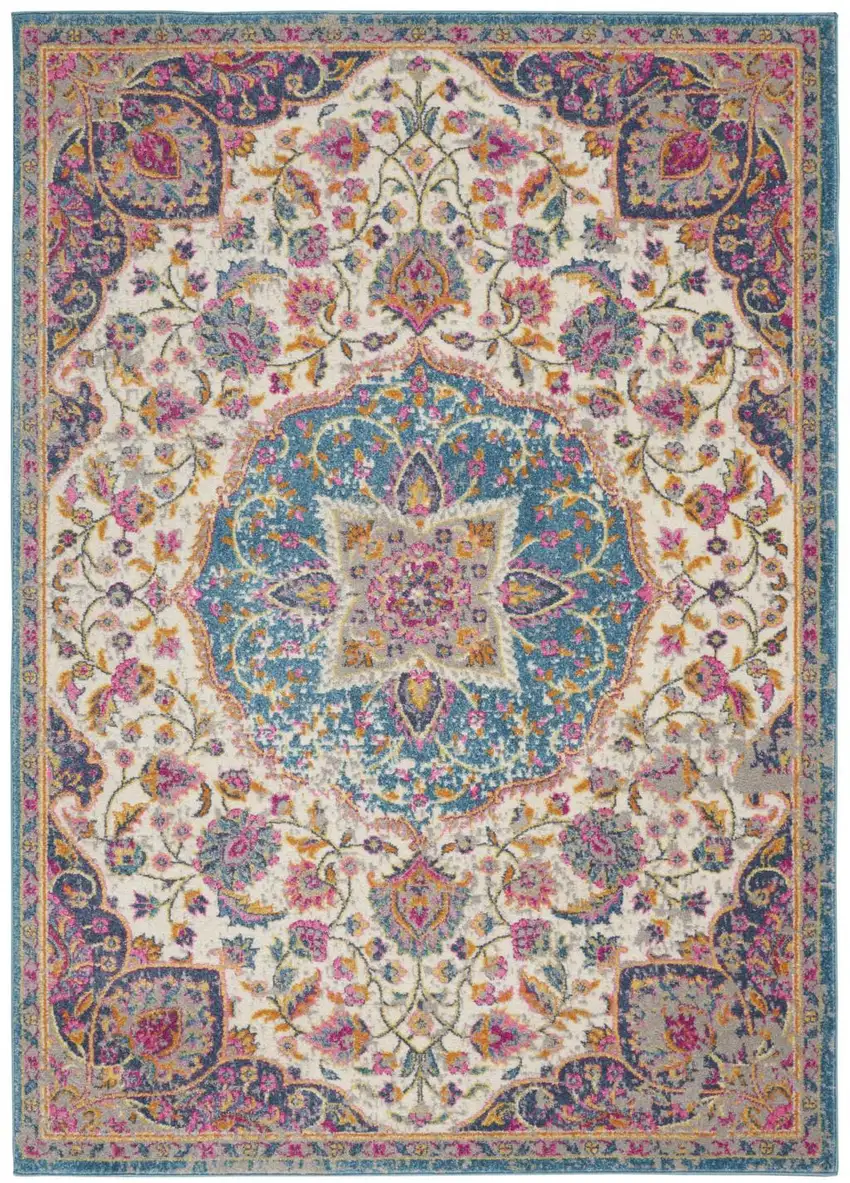 Ivory And Blue Medallion Area Rug Photo 8