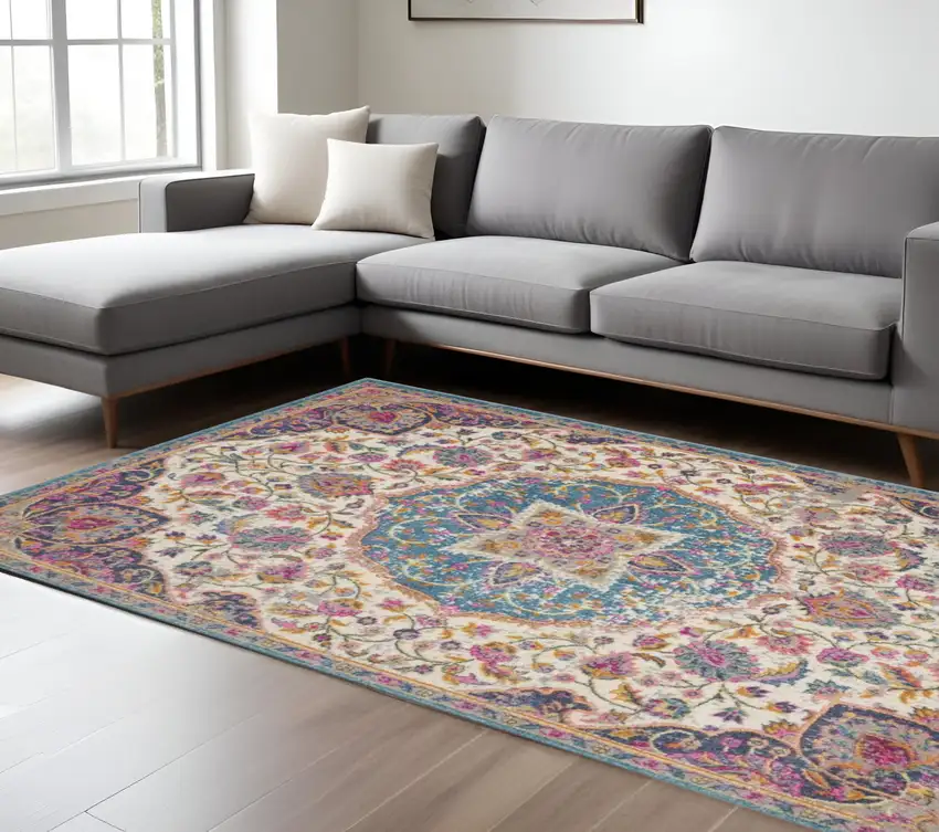 Ivory And Blue Medallion Area Rug Photo 2