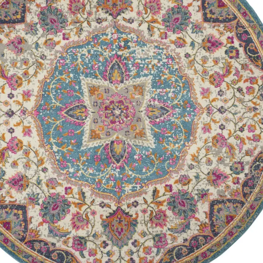 8' Ivory And Blue Medallion Round Rug Photo 5