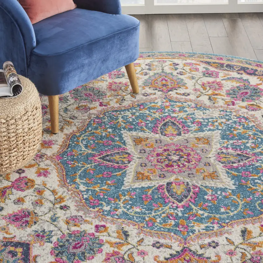 8' Ivory And Blue Medallion Round Rug Photo 8