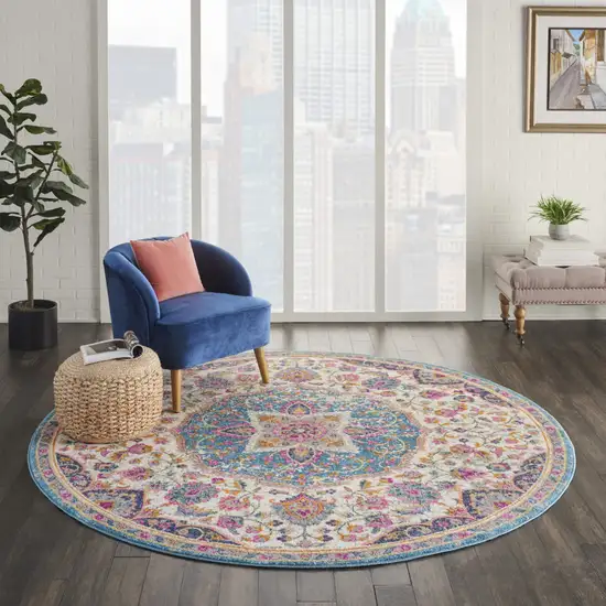 8' Ivory And Blue Medallion Round Rug Photo 4