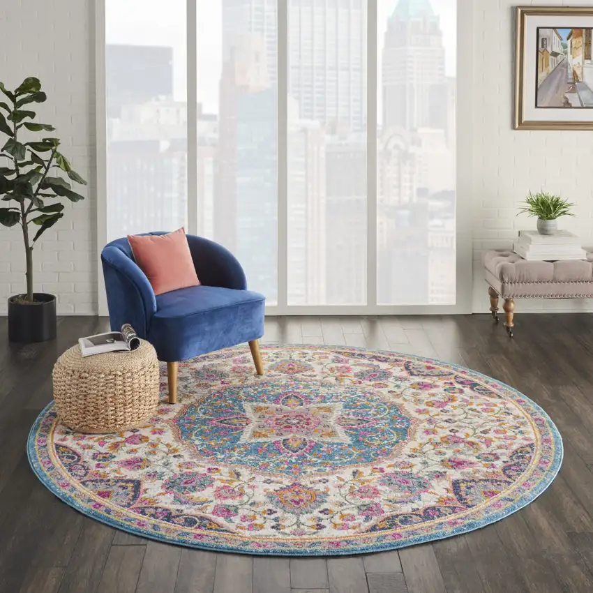 8' Ivory And Blue Medallion Round Rug Photo 9