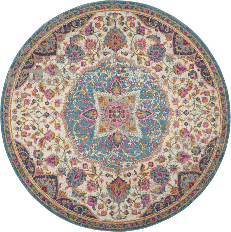 Pink and Blue Floral Medallion Area Rug Photo 2