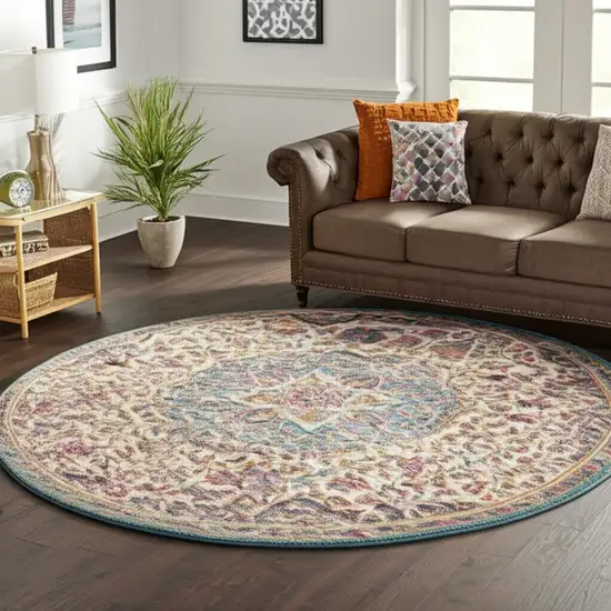 8' Ivory And Blue Medallion Round Rug Photo 2