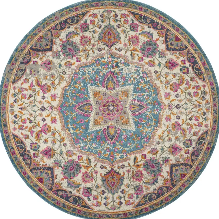 8' Ivory And Blue Medallion Round Rug Photo 6