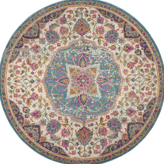 8' Ivory And Blue Medallion Round Rug Photo 6