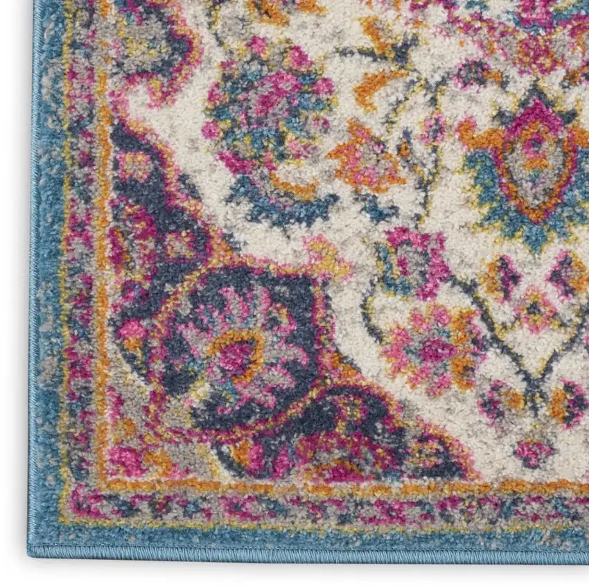 8' Ivory And Blue Medallion Runner Rug Photo 8