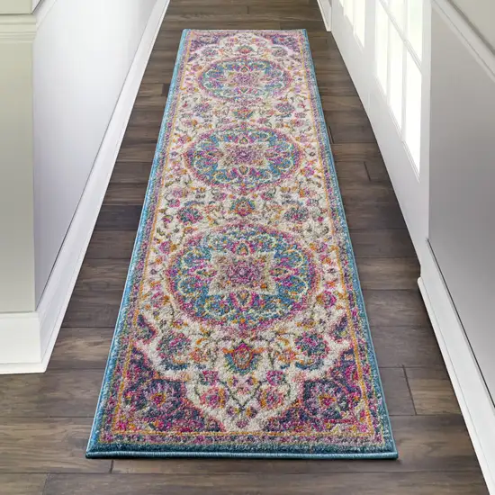 8' Ivory And Blue Medallion Runner Rug Photo 5