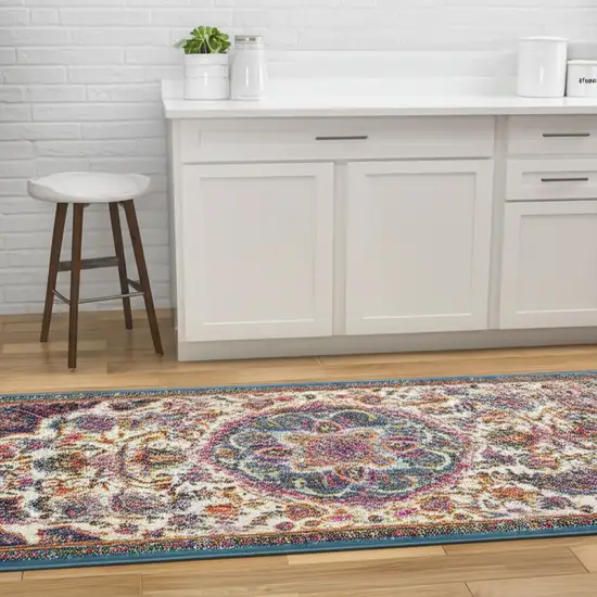 8' Ivory And Blue Medallion Runner Rug Photo 1