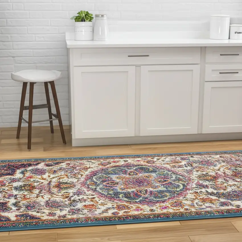 8' Ivory And Blue Medallion Runner Rug Photo 1