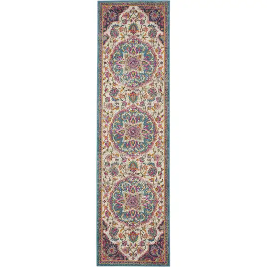 8' Ivory And Blue Medallion Runner Rug Photo 3