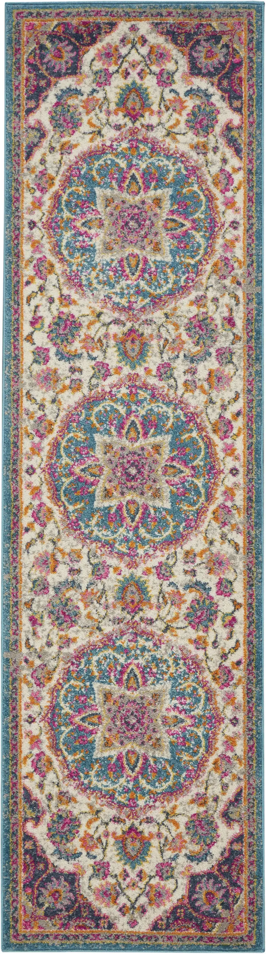 8' Ivory And Blue Medallion Runner Rug Photo 3