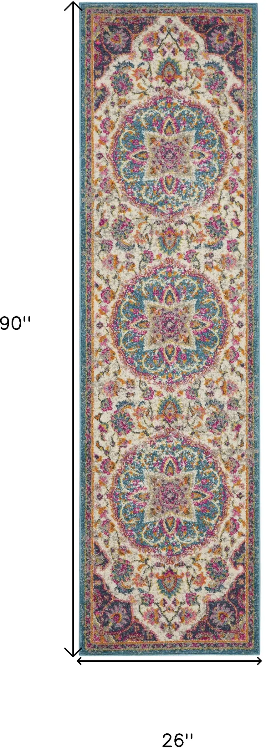 8' Ivory And Blue Medallion Runner Rug Photo 9