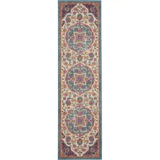8' Ivory And Blue Medallion Runner Rug Photo 4