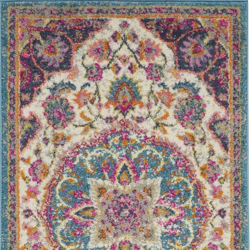 8' Ivory And Blue Medallion Runner Rug Photo 1