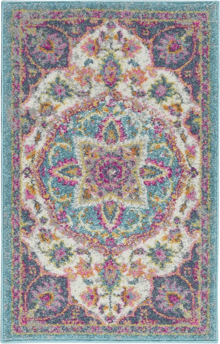 Pink and Blue Floral Medallion Scatter Rug Photo 1