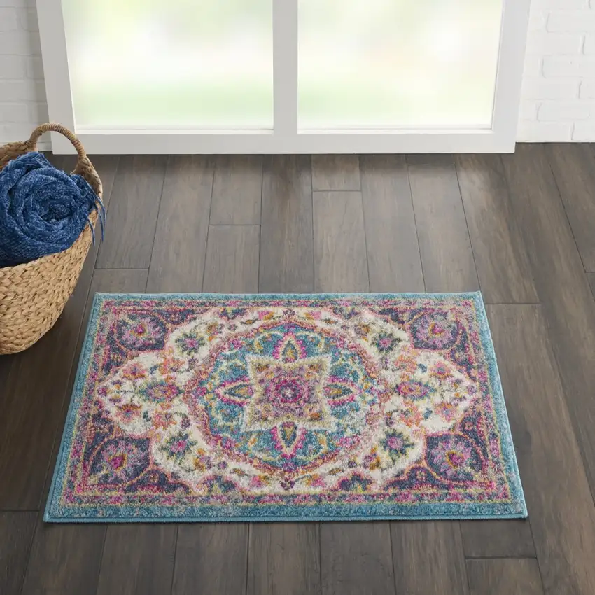 Pink and Blue Floral Medallion Scatter Rug Photo 6