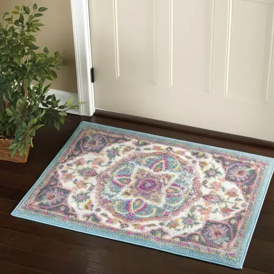 Ivory And Blue Medallion Area Rug Photo 1