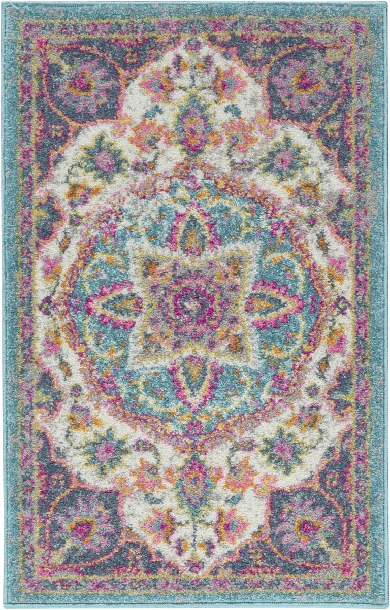 Pink and Blue Floral Medallion Scatter Rug Photo 3