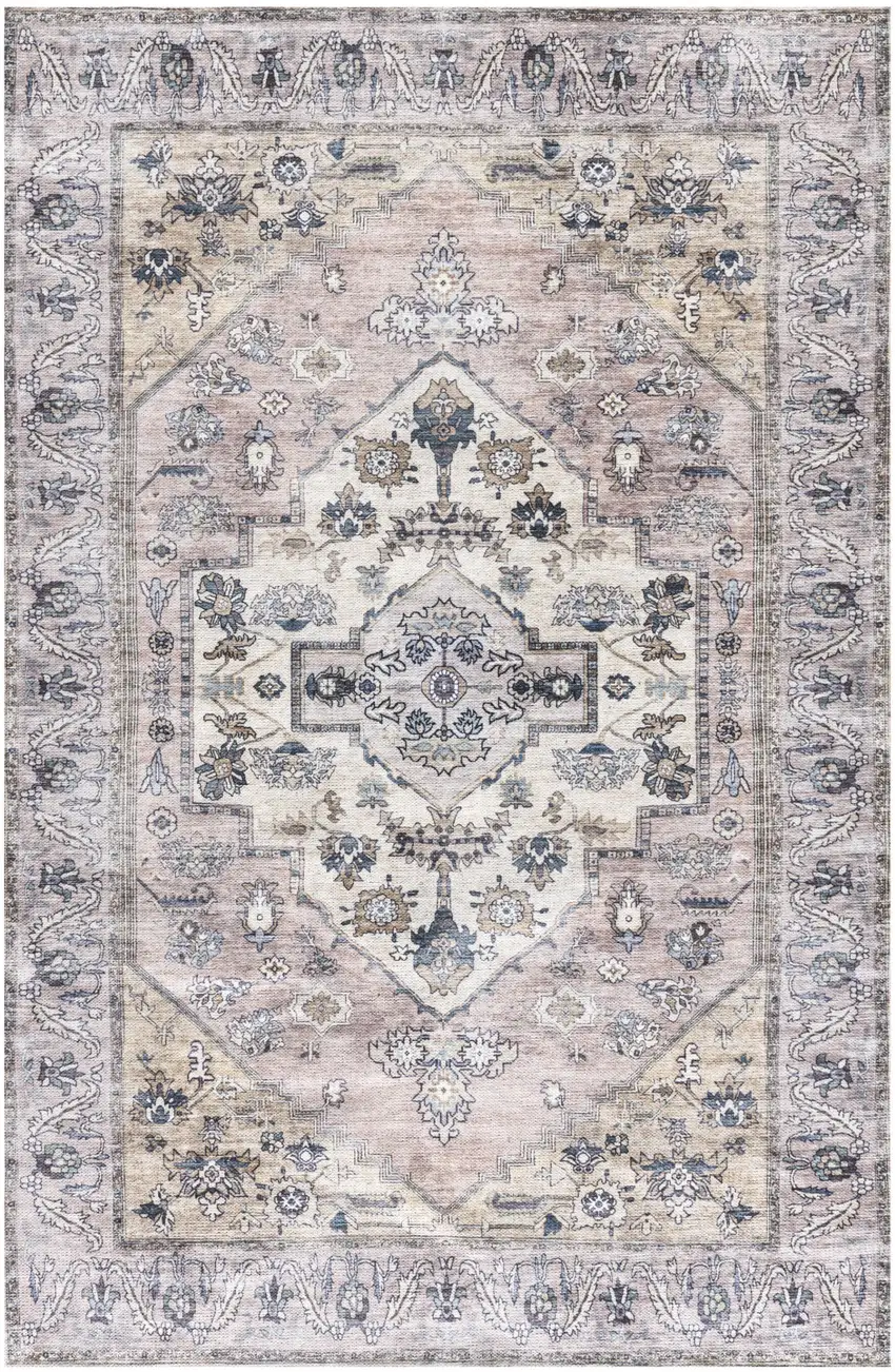 Pink and Blue Oriental Power Loom Distressed Washable Non Skid Area Rug Photo 1