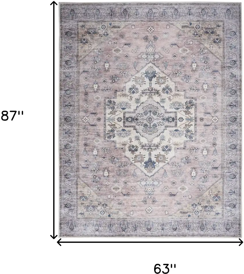 Pink and Blue Oriental Power Loom Distressed Washable Non Skid Area Rug Photo 10