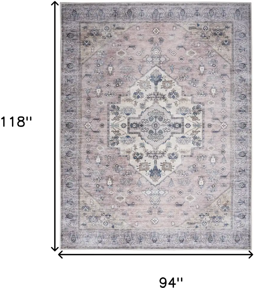 Pink and Blue Oriental Power Loom Distressed Washable Non Skid Area Rug Photo 10