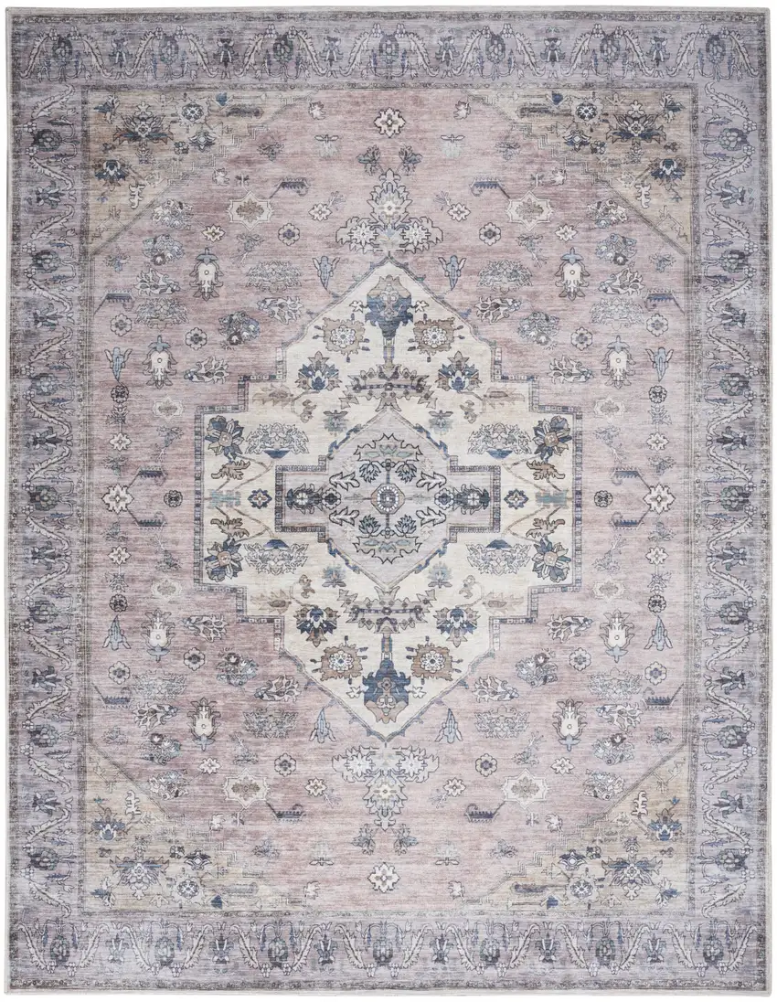 Pink and Blue Oriental Power Loom Distressed Washable Non Skid Area Rug Photo 1