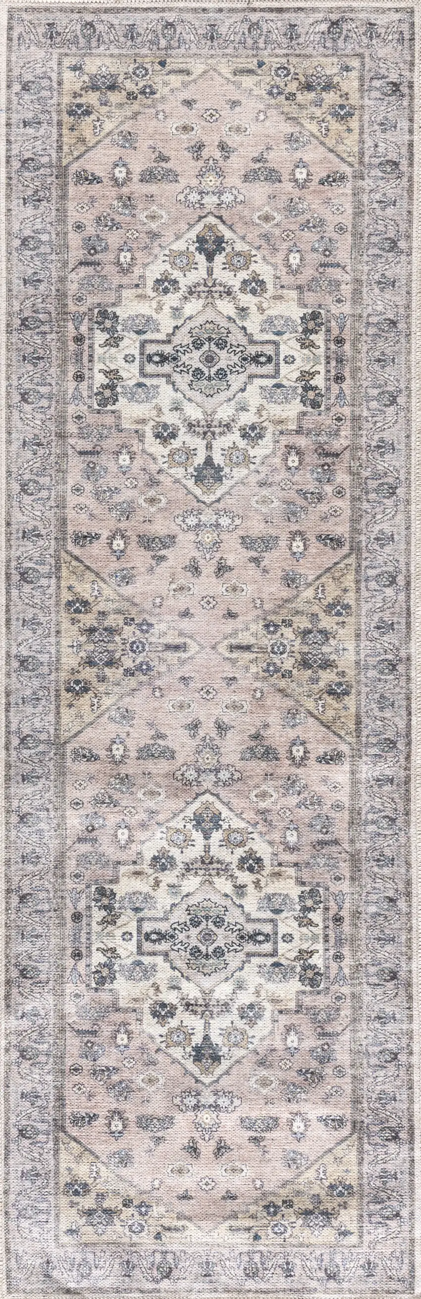 Pink and Blue Oriental Power Loom Distressed Washable Non Skid Runner Rug Photo 2