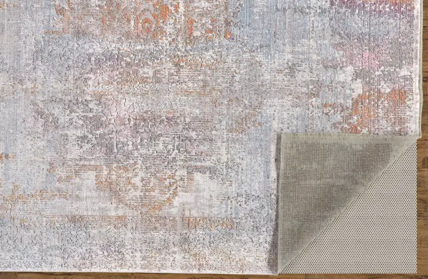 Pink and Blue Oriental Power Loom Worn Faded Area Rug With Fringe Photo 4