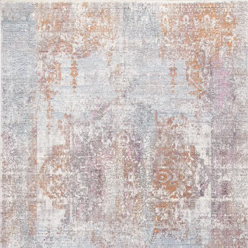 Pink and Blue Oriental Power Loom Worn Faded Area Rug With Fringe Photo 6