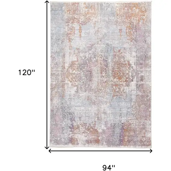 Pink and Blue Oriental Power Loom Worn Faded Area Rug With Fringe Photo 3