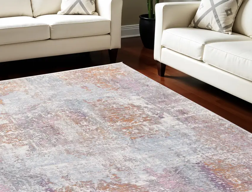 Pink and Blue Oriental Power Loom Worn Faded Area Rug With Fringe Photo 1