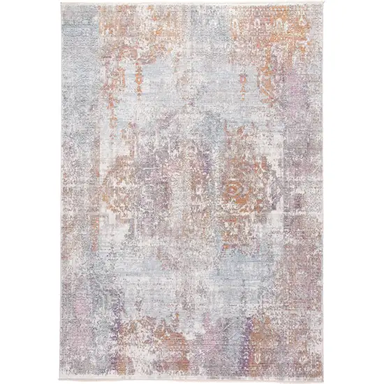 Pink and Blue Oriental Power Loom Worn Faded Area Rug With Fringe Photo 2