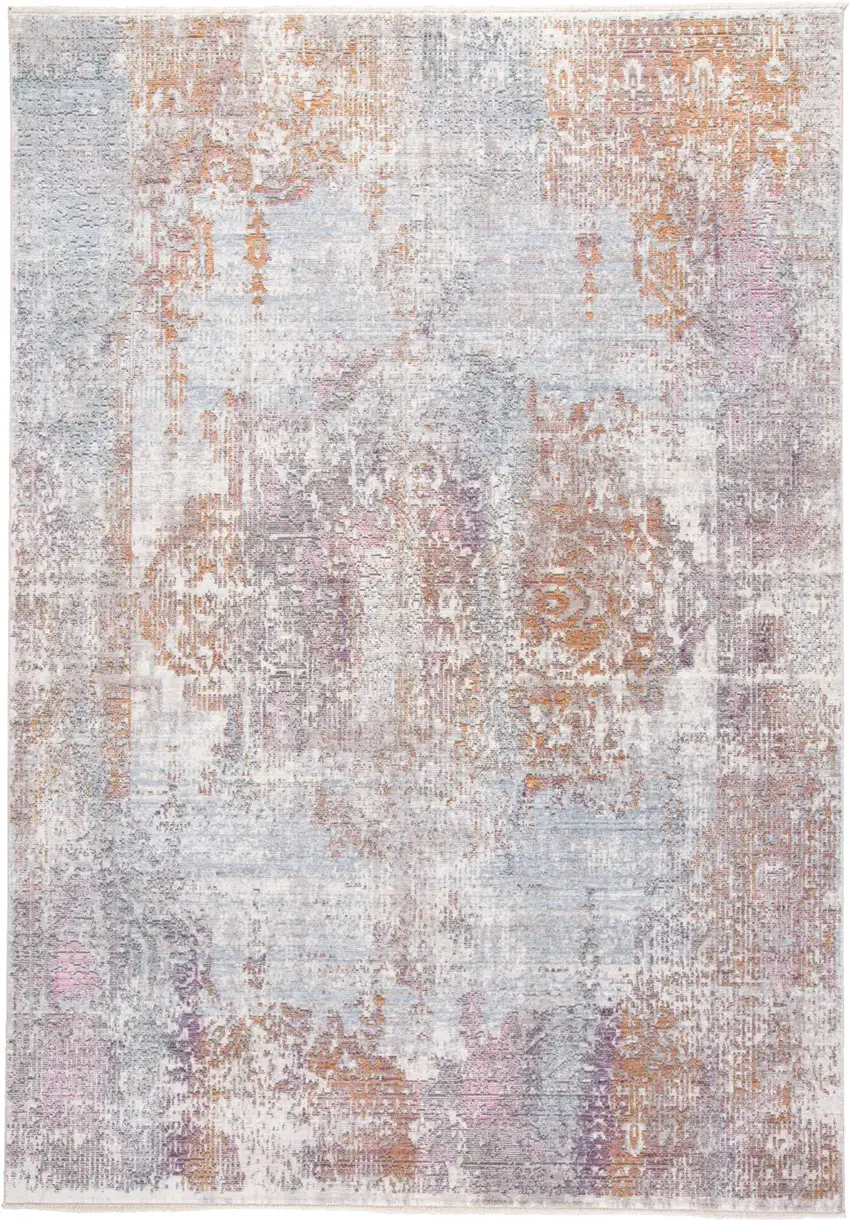 Pink and Blue Oriental Power Loom Worn Faded Area Rug With Fringe Photo 2