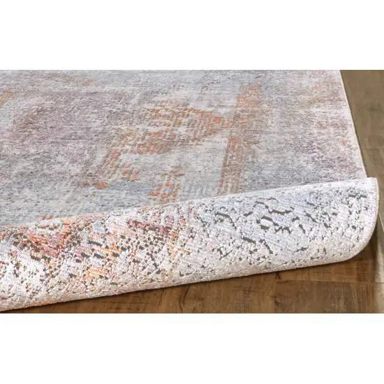Pink and Blue Oriental Power Loom Worn Faded Area Rug With Fringe Photo 9