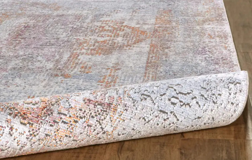 Pink and Blue Oriental Power Loom Worn Faded Area Rug With Fringe Photo 9