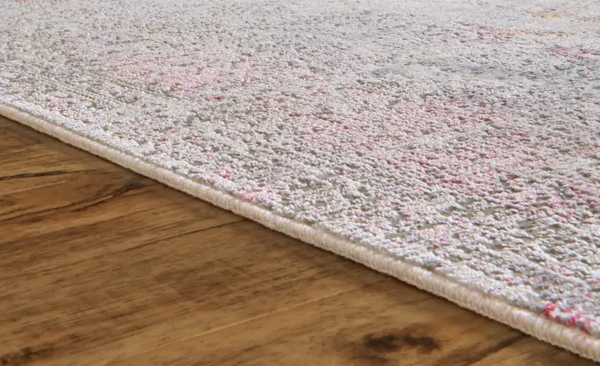 Pink and Blue Oriental Power Loom Worn Faded Area Rug With Fringe Photo 7