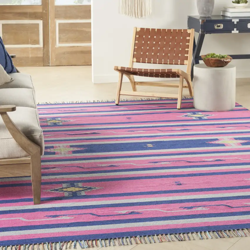 Pink and Blue Southwestern Handmade Area Rug With Fringe Photo 9
